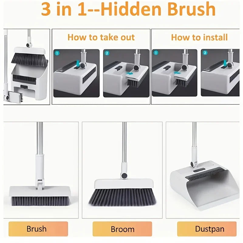 3-in-1 Folding Broom and Dustpan Set Multi Surface Cleaning Kit for Living Room Bedroom Bathroom Easy Storage Lightweight