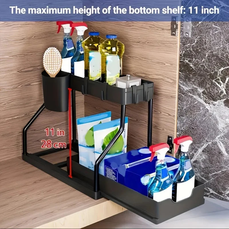 2-Tier Sliding Under Sink Organizer Multifunctional Space-Saving Bathroom Cabinet Storage Drawer
