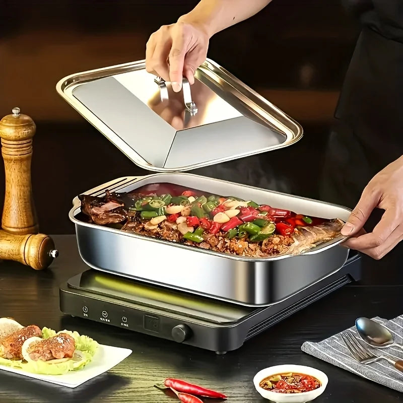 Stainless Steel Covered Roaster Pan Thickened Nonstick Oven Safe with Heat Resistant Handles for Grilling Baking Buffet Serving