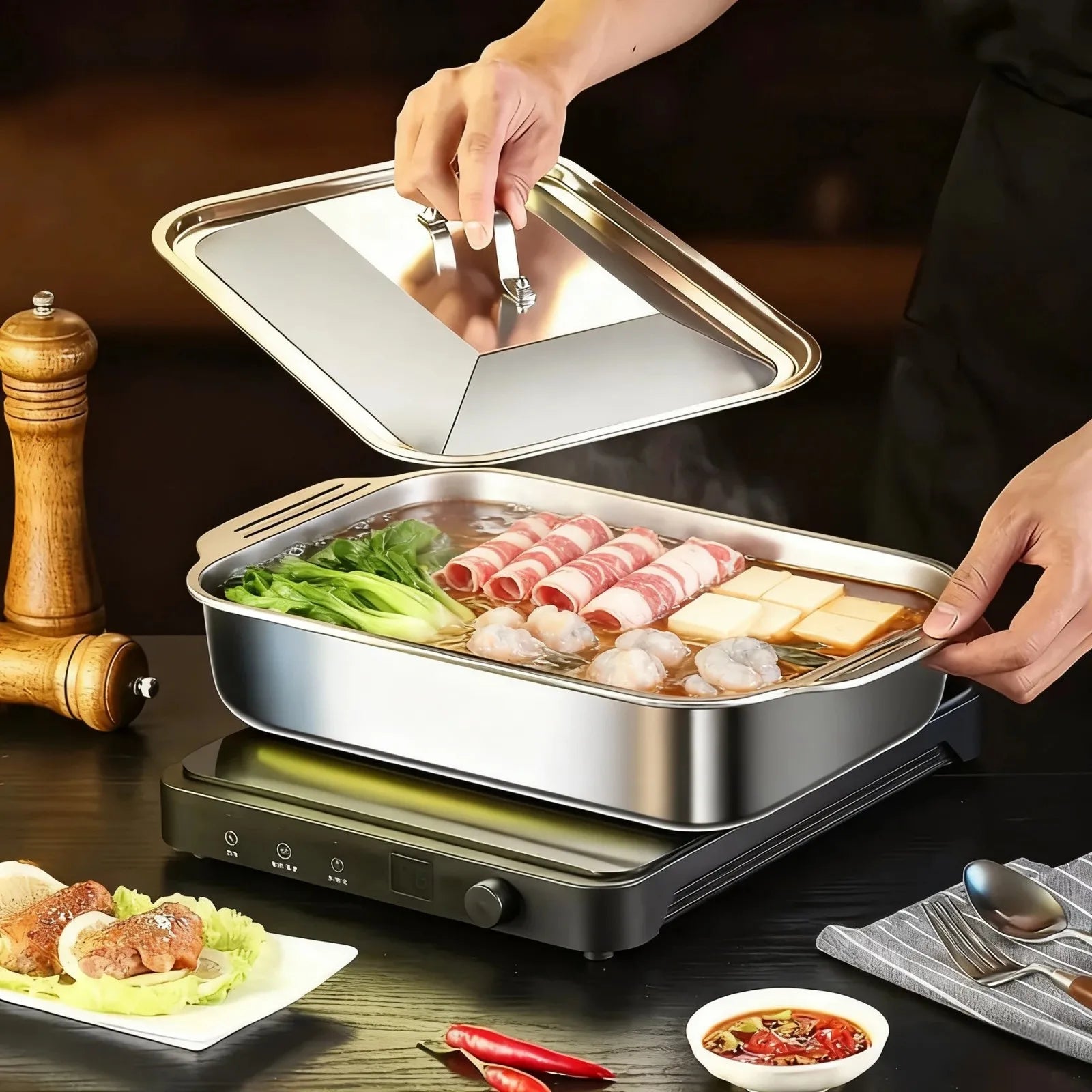 Stainless Steel Covered Roaster Pan Thickened Nonstick Oven Safe with Heat Resistant Handles for Grilling Baking Buffet Serving